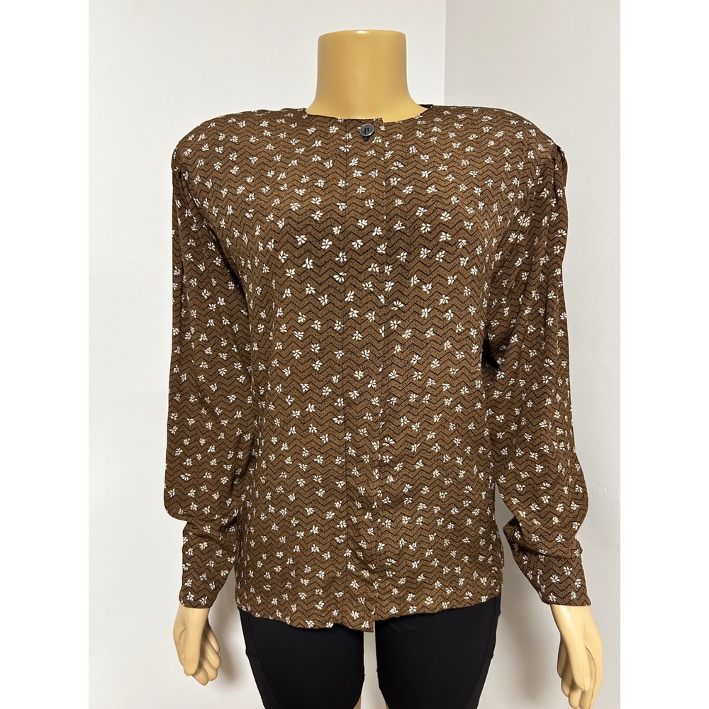 80s Prophecy Vintage Brown Floral Chevron Blouse Long Sleeve Shoulder Pads 12 L